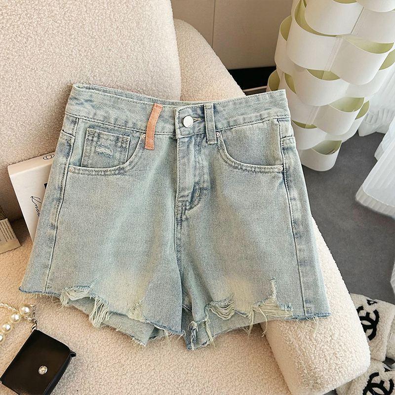 Summer 2023 New High Waist Slimming Design Sense Ripped Wide Leg Denim Shorts Women's Pants All-match Hot Pants