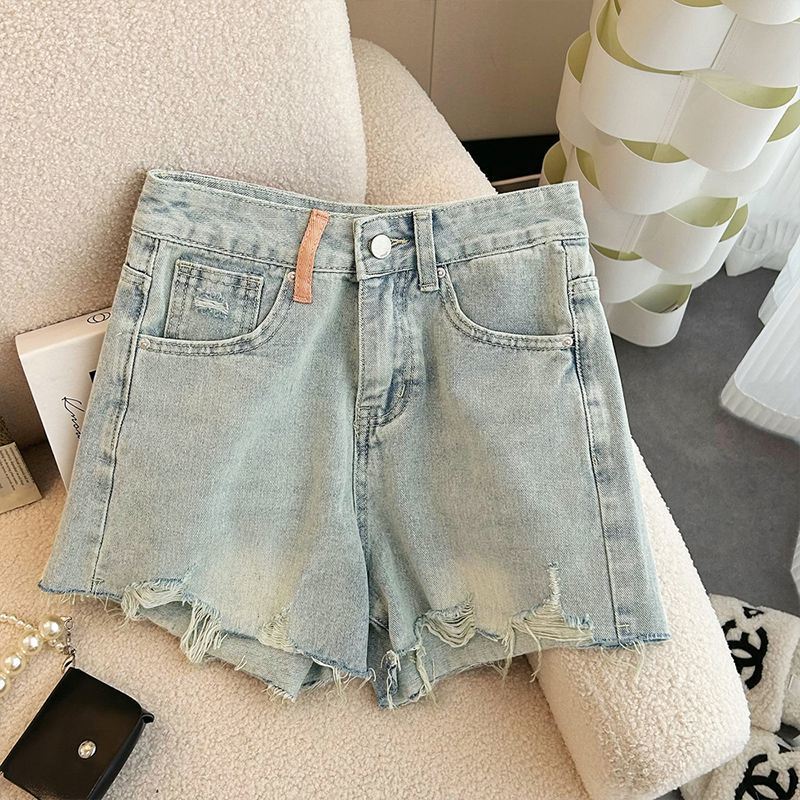 Summer 2023 New High Waist Slimming Design Sense Ripped Wide Leg Denim Shorts Women's Pants All-match Hot Pants