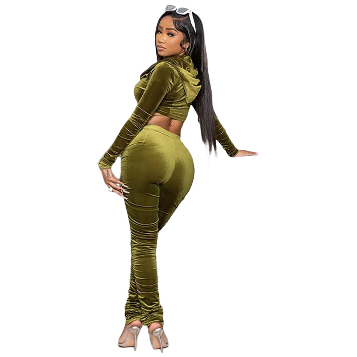 F185 European and American Women's Clothing Amazon Spring Two-piece Korean Velvet Solid Color Long Sleeve Navel Pleated Sports Suit