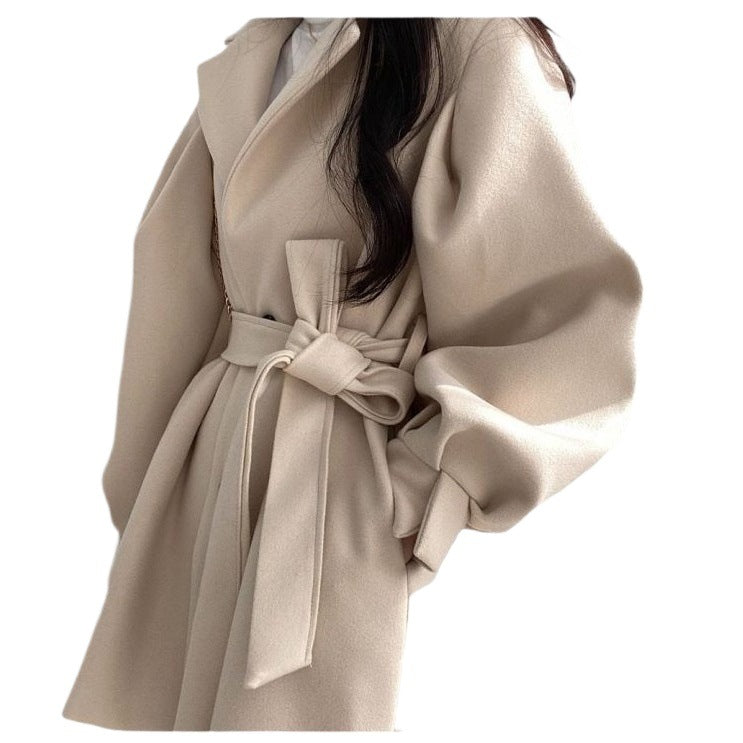 New Korean Style Autumn and Winter Wear Strap Elegant Small Women's Dress Collar Hepburn Style Mid-length Woolen Women's Coat Jacket