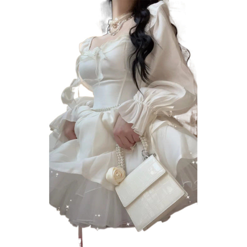 2026 Autumn Korean-Style Girl Group Dress with a Stylish Square Neckline, Waist-Cinching Design, Slimming Effect, Flared Sleeves, and Puffy Gown Dress