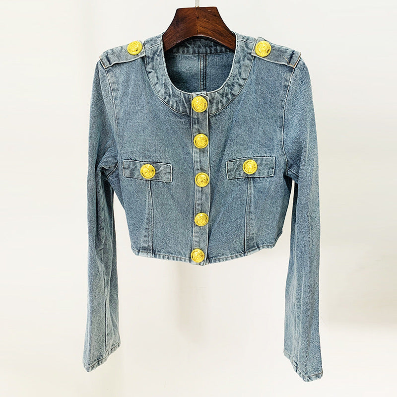 In Stock 2026 European and American Celebrity Style New Round-Neck Lion Buckle Ultra-Short Washed Denim Jacket
