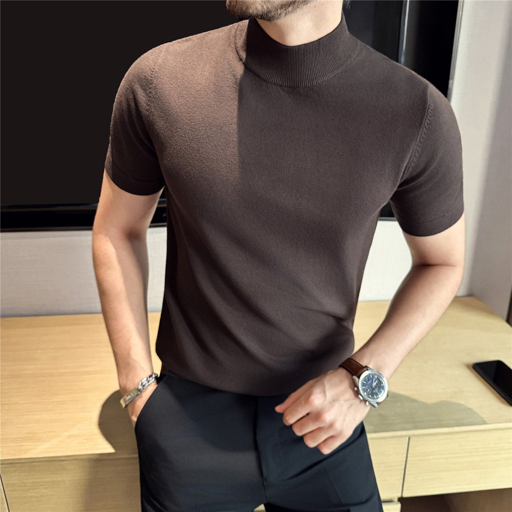 Tiktok Taobao Dropshipping Men's Short-Sleeve Knitwear, Fashionable Versatile Half-Turtleneck Slim-Fit Half-Sleeve Sweater Base Shirt