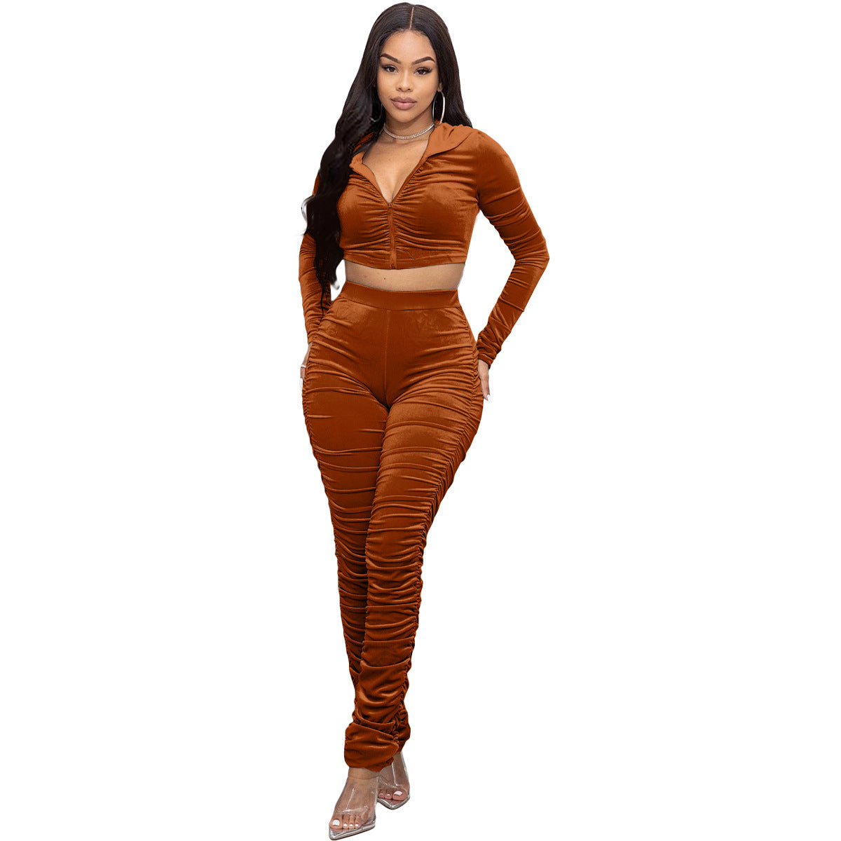F185 European and American Women's Clothing Amazon Spring Two-piece Korean Velvet Solid Color Long Sleeve Navel Pleated Sports Suit
