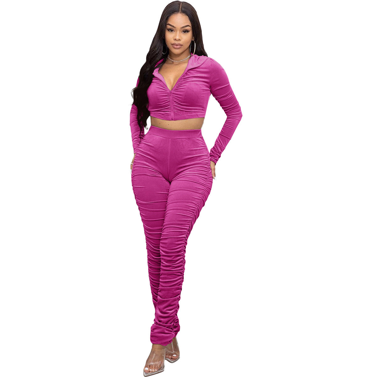F185 European and American Women's Clothing Amazon Spring Two-piece Korean Velvet Solid Color Long Sleeve Navel Pleated Sports Suit