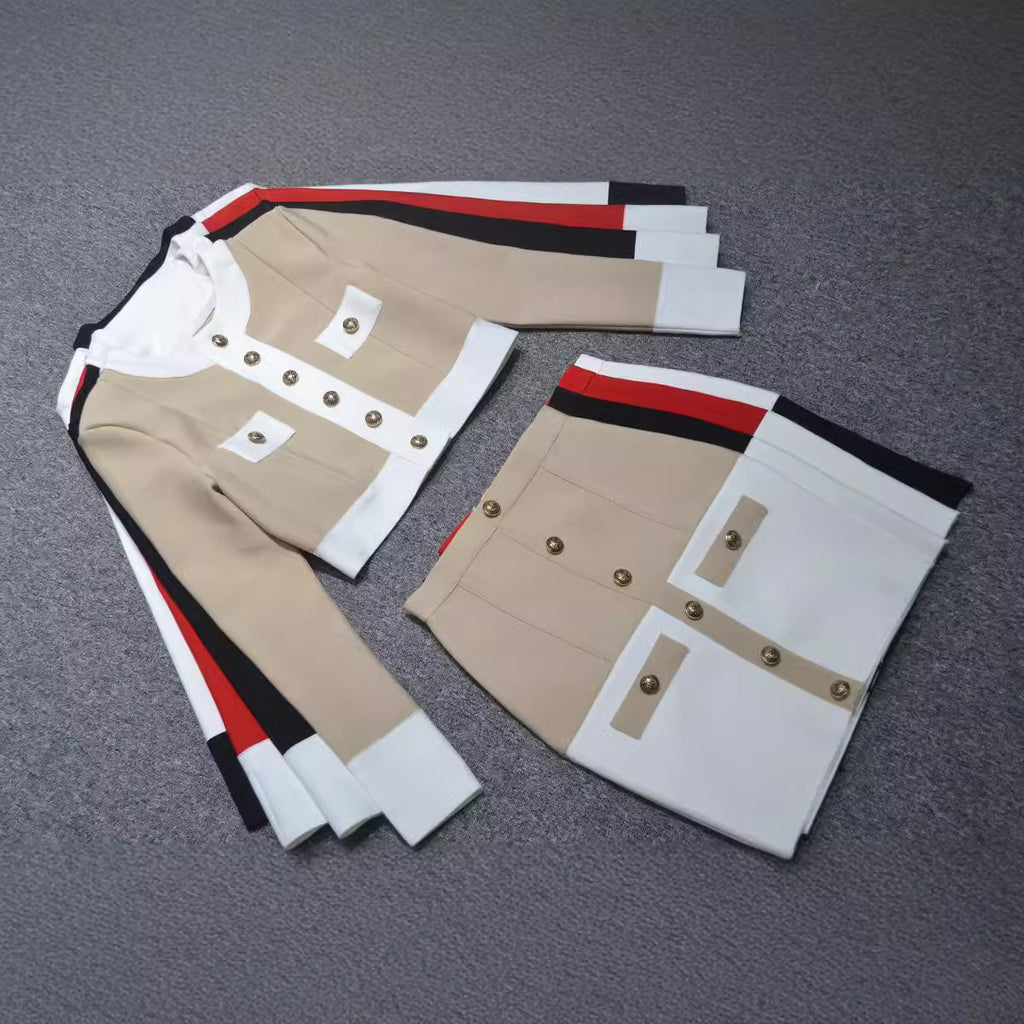 Cross-border 2020 Europe and the United States new temperament black and white color matching breasted cardigan A- line skirt suit factory wholesale 4 colors