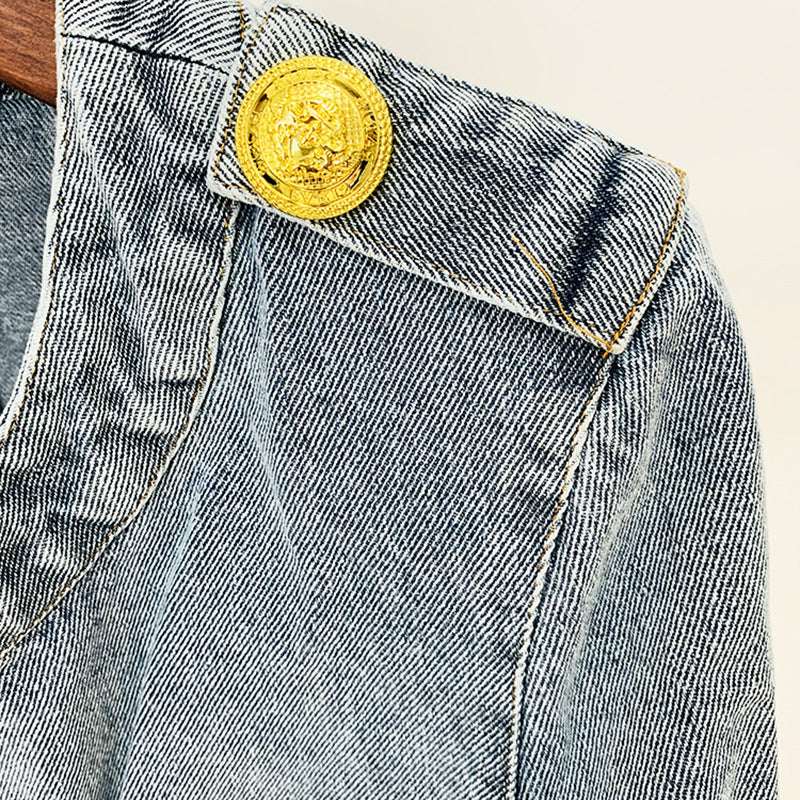 In Stock 2026 European and American Celebrity Style New Round-Neck Lion Buckle Ultra-Short Washed Denim Jacket