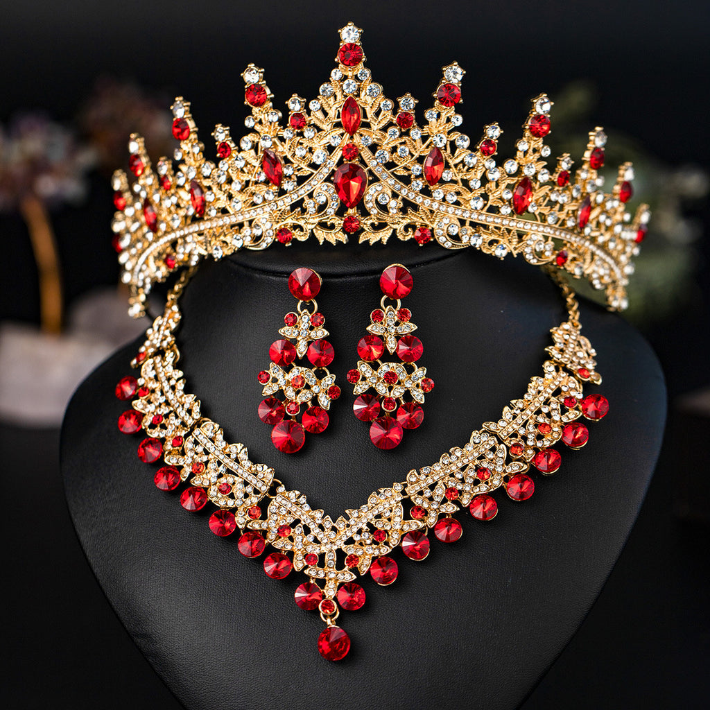 European and American Bride Jewelry Three-piece Suit High-class Dance Wedding Jewelry Alloy Diamond Crown Necklace Earrings suit