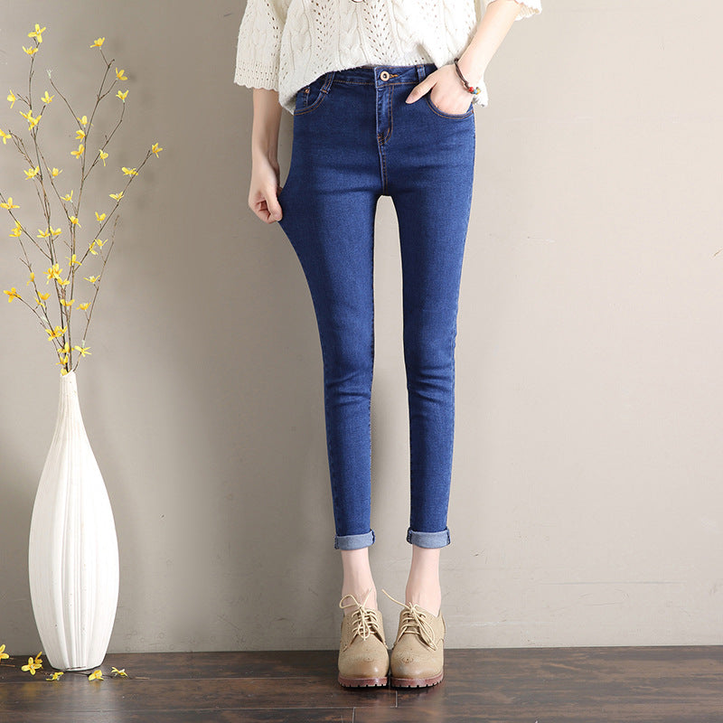 Dark Blue Jeans Women's 2023 New Summer High Waist Summer Thin Stretch Slim-Fit Small Feet Nine-point Tight