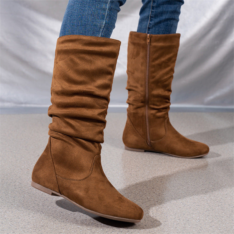Free Shipping Cross-Border Pleated Fashion Boots with Inner Zipper, Flat Comfortable Women's Boots, Versatile European and American Style Flat Mid-Calf Boots