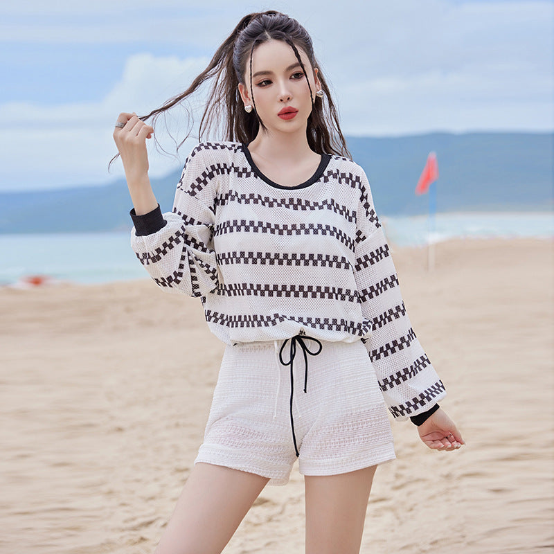 2024 new swimsuit women's split four-piece suit belly covering slimming gathered small chest South Korea ins style Hot Spring