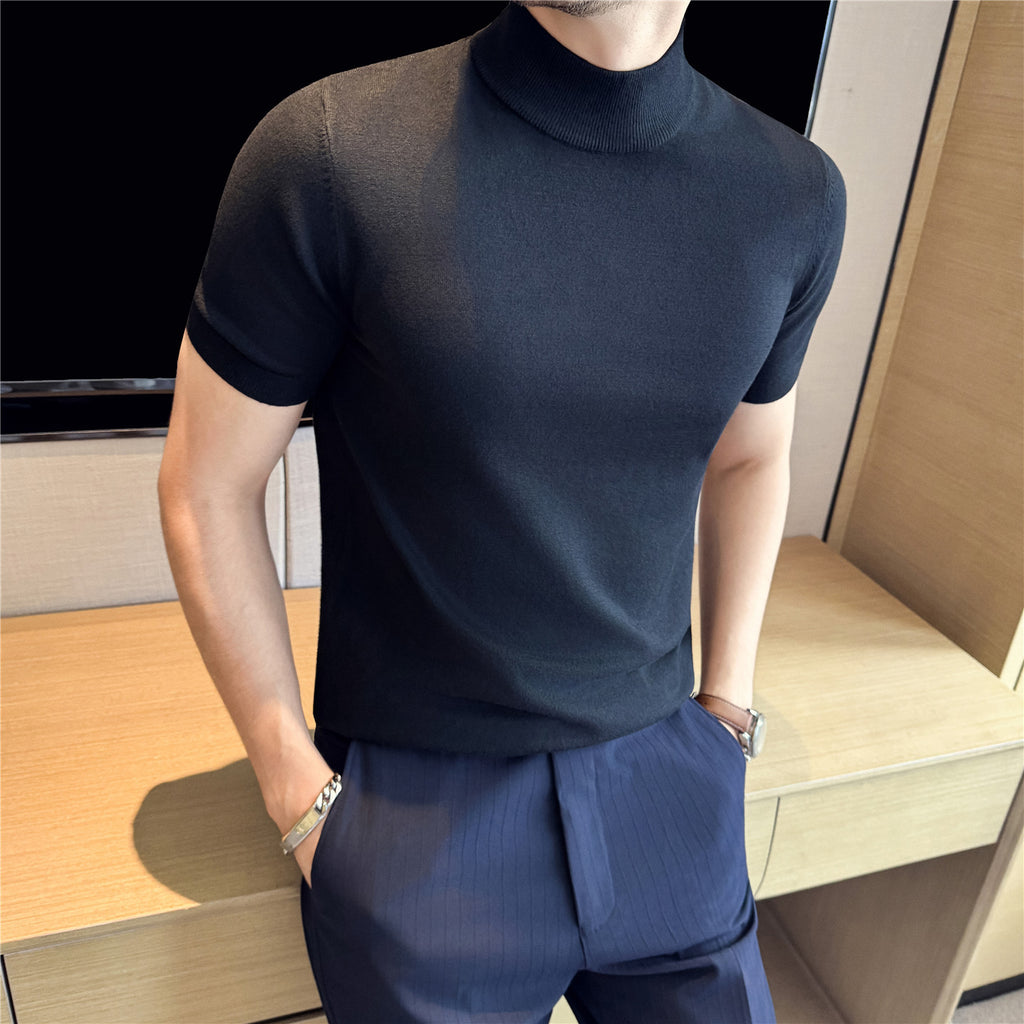 Tiktok Taobao Dropshipping Men's Short-Sleeve Knitwear, Fashionable Versatile Half-Turtleneck Slim-Fit Half-Sleeve Sweater Base Shirt