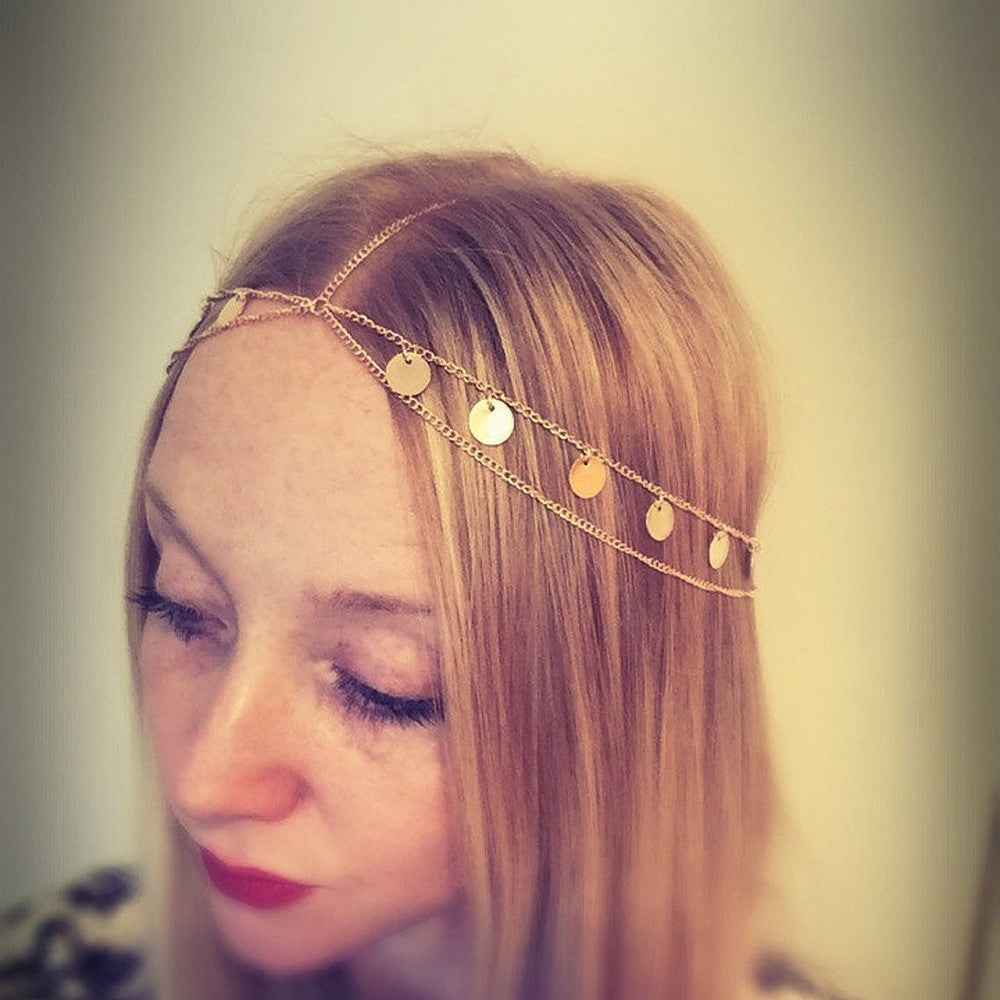 European and American new bohemian wafer layered hair chain female wedding jewelry multi-layer personalized Gypsy sequined head chain