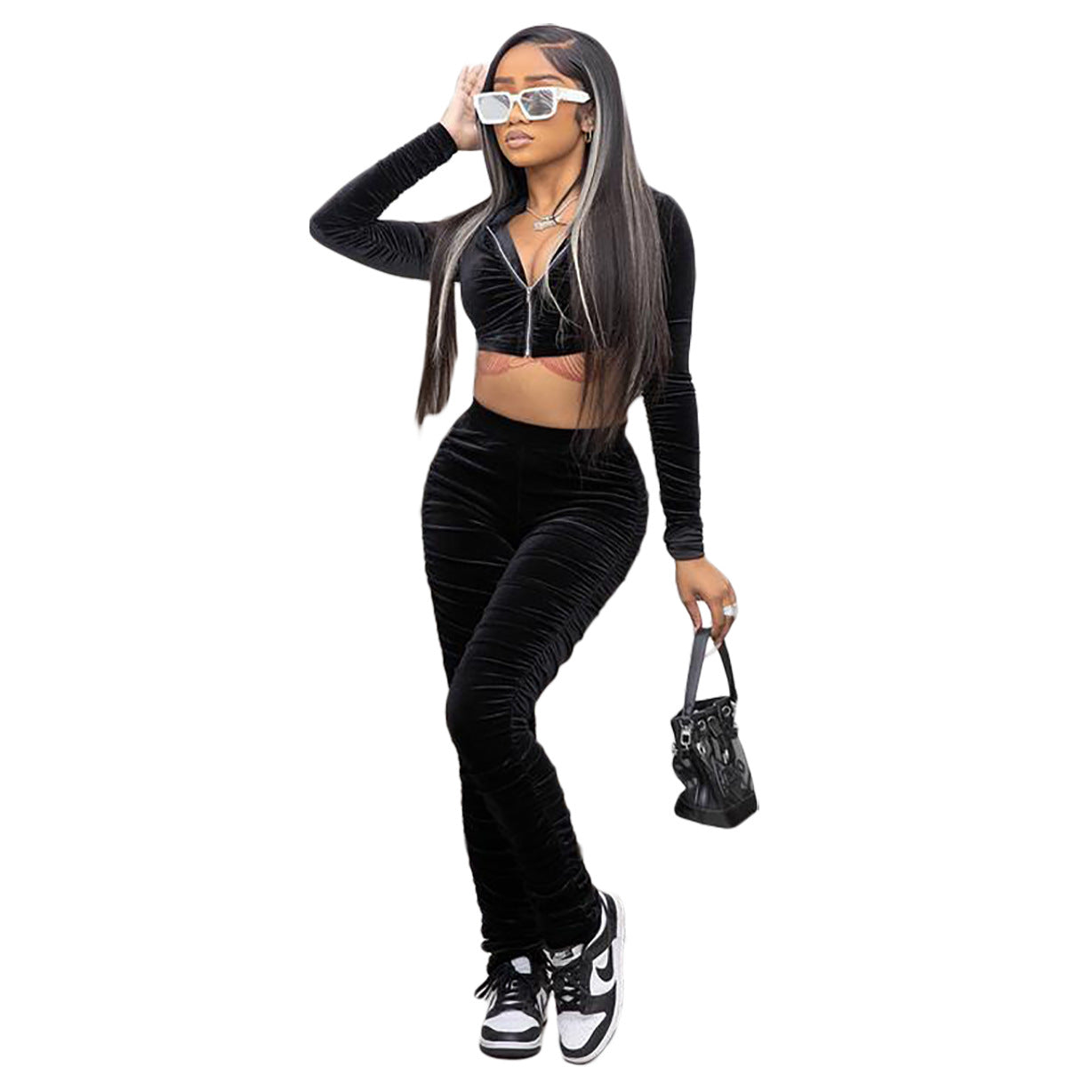 F185 European and American Women's Clothing Amazon Spring Two-piece Korean Velvet Solid Color Long Sleeve Navel Pleated Sports Suit