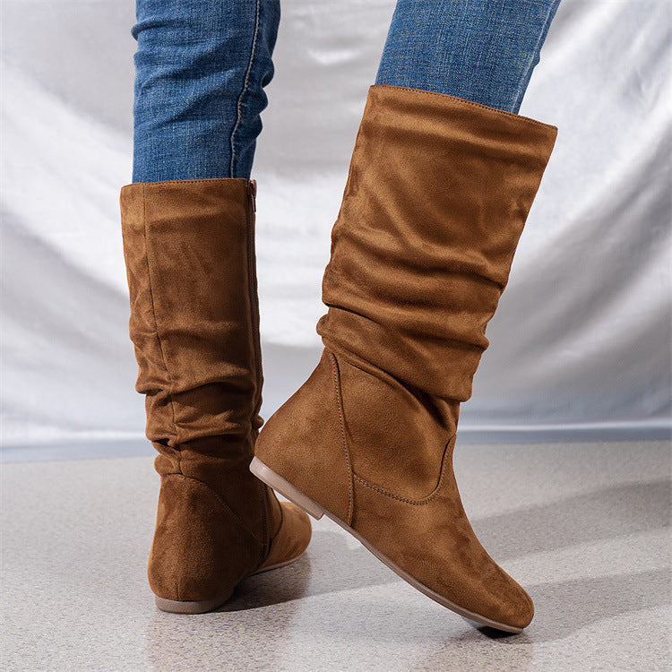 Free Shipping Cross-Border Pleated Fashion Boots with Inner Zipper, Flat Comfortable Women's Boots, Versatile European and American Style Flat Mid-Calf Boots