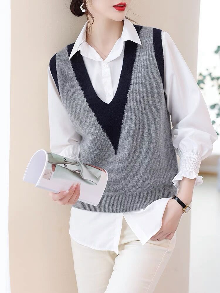 Woolen sweater knitted vest for women 2023 Autumn New sleeveless stacked color matching V-neck wool warm vest waistcoat
