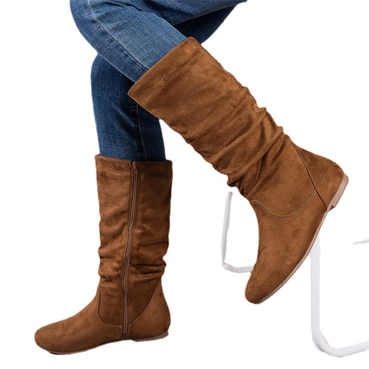 Free Shipping Cross-Border Pleated Fashion Boots with Inner Zipper, Flat Comfortable Women's Boots, Versatile European and American Style Flat Mid-Calf Boots