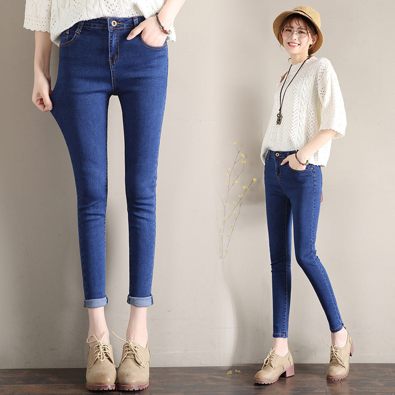 Dark Blue Jeans Women's 2023 New Summer High Waist Summer Thin Stretch Slim-Fit Small Feet Nine-point Tight