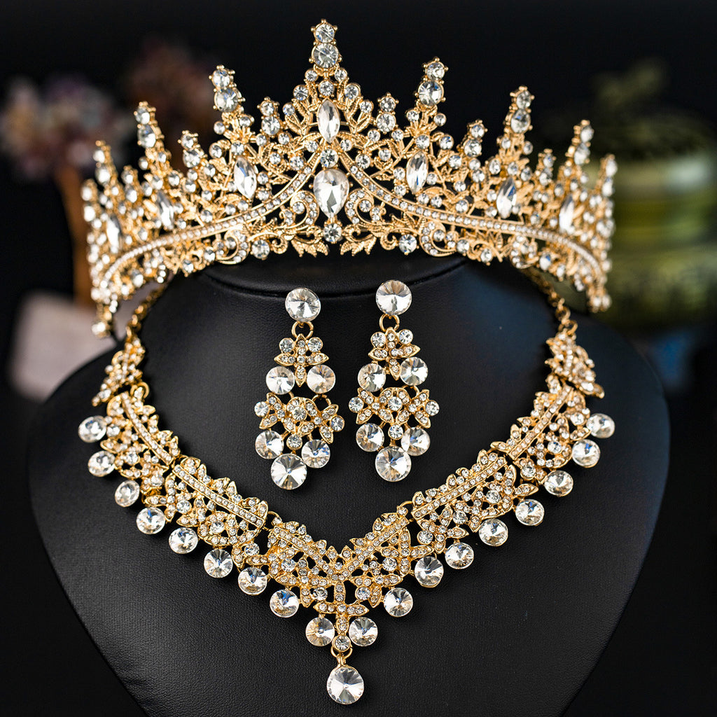 European and American Bride Jewelry Three-piece Suit High-class Dance Wedding Jewelry Alloy Diamond Crown Necklace Earrings suit