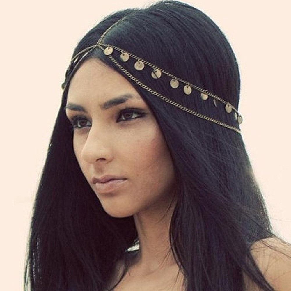 European and American new bohemian wafer layered hair chain female wedding jewelry multi-layer personalized Gypsy sequined head chain