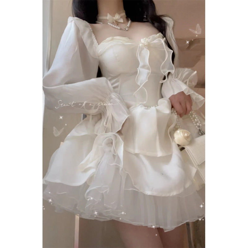 2026 Autumn Korean-Style Girl Group Dress with a Stylish Square Neckline, Waist-Cinching Design, Slimming Effect, Flared Sleeves, and Puffy Gown Dress
