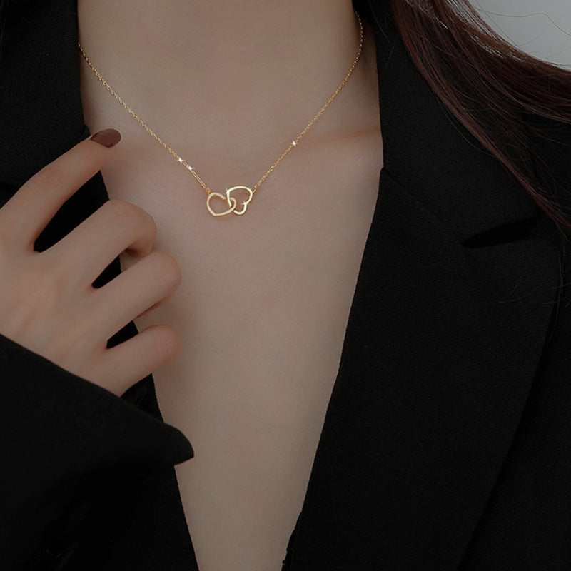 Japanese and Korean Style Ins Cold Style Metal Alloy Peach Heart Double Heart Necklace Women's Ring-Link Small Love Necklace