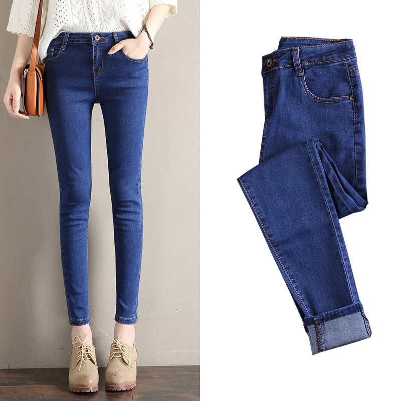 Dark Blue Jeans Women's 2023 New Summer High Waist Summer Thin Stretch Slim-Fit Small Feet Nine-point Tight
