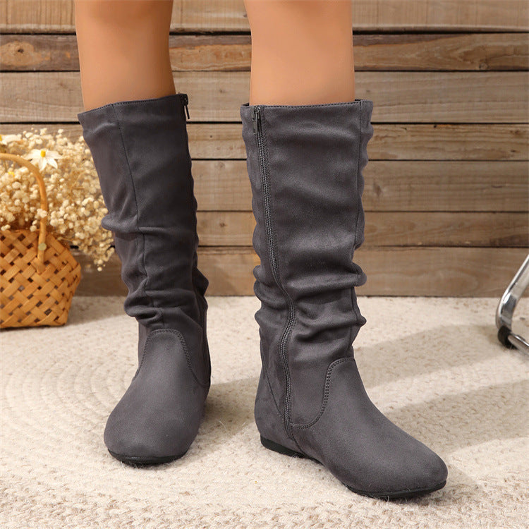 Free Shipping Cross-Border Pleated Fashion Boots with Inner Zipper, Flat Comfortable Women's Boots, Versatile European and American Style Flat Mid-Calf Boots