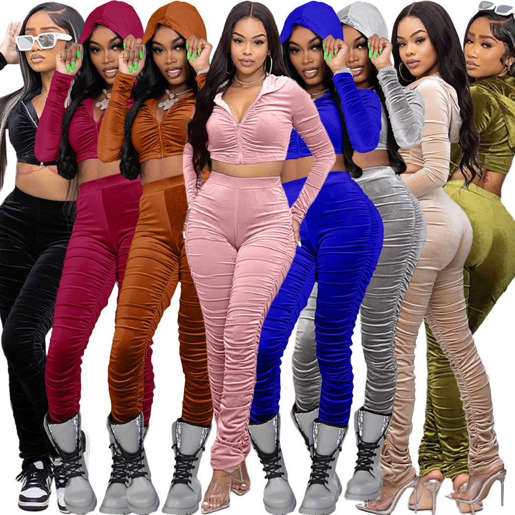 F185 European and American Women's Clothing Amazon Spring Two-piece Korean Velvet Solid Color Long Sleeve Navel Pleated Sports Suit