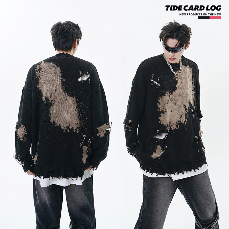 TIDE CARD LOG | Autumn and winter high street fashionable design faded pin ripped couple round neck loose sweater