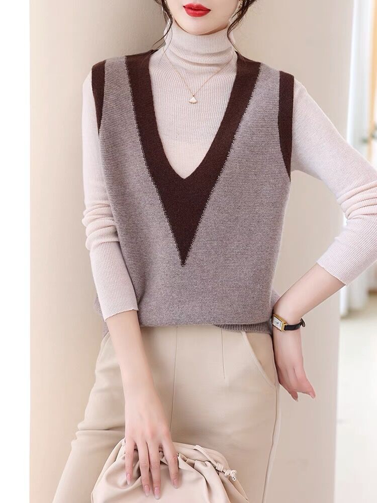 Woolen sweater knitted vest for women 2023 Autumn New sleeveless stacked color matching V-neck wool warm vest waistcoat