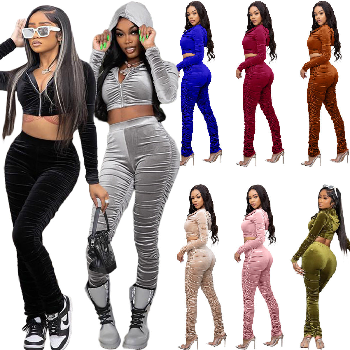 F185 European and American Women's Clothing Amazon Spring Two-piece Korean Velvet Solid Color Long Sleeve Navel Pleated Sports Suit