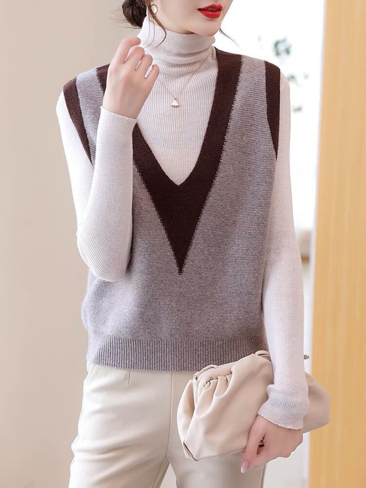 Woolen sweater knitted vest for women 2023 Autumn New sleeveless stacked color matching V-neck wool warm vest waistcoat