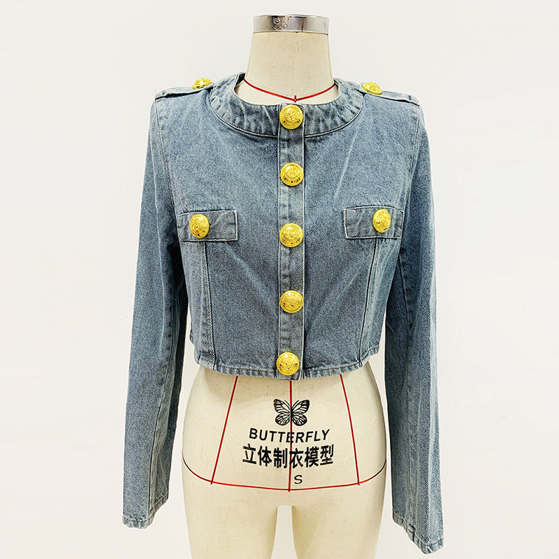 In Stock 2026 European and American Celebrity Style New Round-Neck Lion Buckle Ultra-Short Washed Denim Jacket