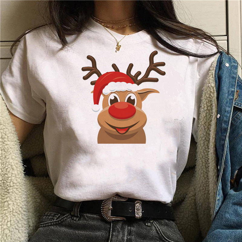 Short Sleeve Christmas T-shirt Christmas cute dog Christmas hat printed short sleeve top T-shirt