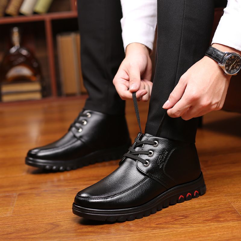Winter cotton shoes men's leather fleece-lined thick warm high-top non-slip soft bottom middle-aged and elderly cotton shoes dad shoes