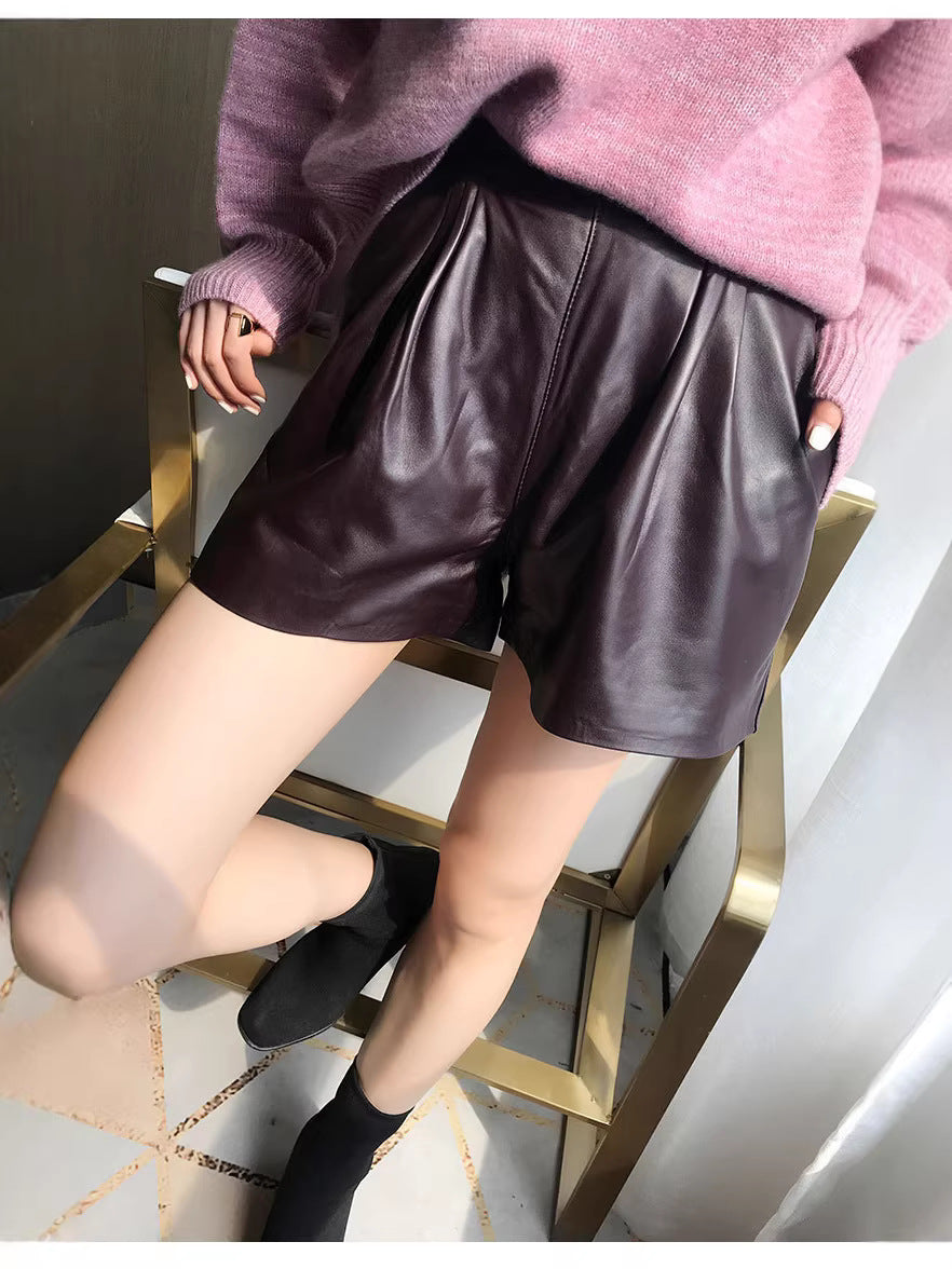 Cool Lambskin Straight-Leg Shorts in Dark Burgundy Sheepskin with Semi-Elastic Waist, Pleated Pockets, Casual Genuine Sheepskin Boot Shorts