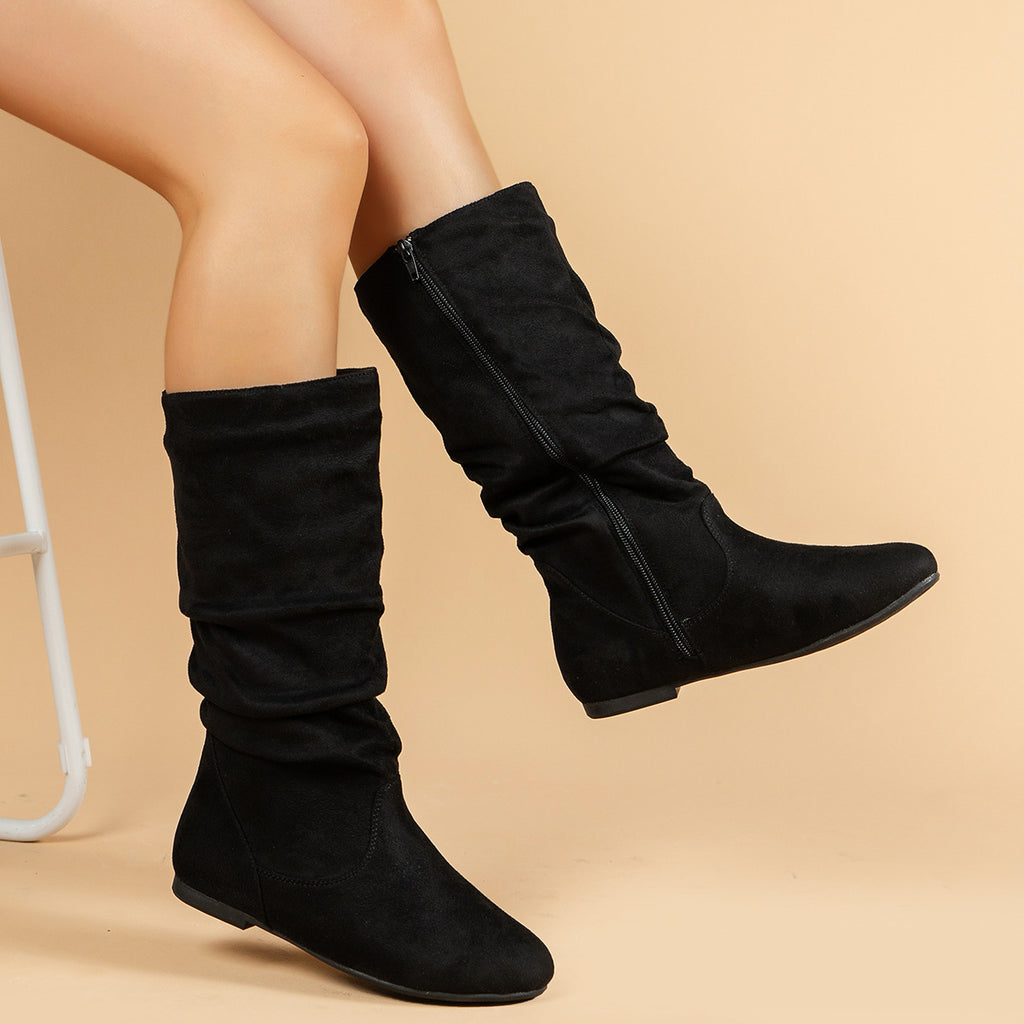 Free Shipping Cross-Border Pleated Fashion Boots with Inner Zipper, Flat Comfortable Women's Boots, Versatile European and American Style Flat Mid-Calf Boots