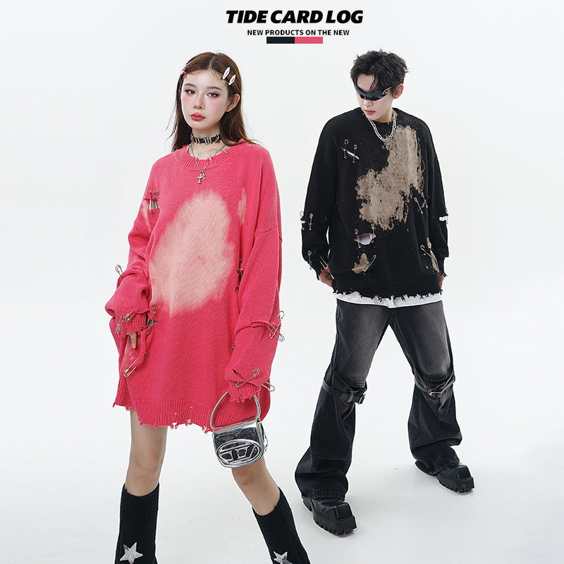 TIDE CARD LOG | Autumn and winter high street fashionable design faded pin ripped couple round neck loose sweater