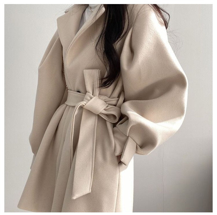 New Korean Style Autumn and Winter Wear Strap Elegant Small Women's Dress Collar Hepburn Style Mid-length Woolen Women's Coat Jacket