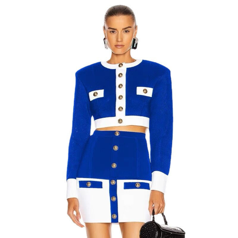 Cross-border 2020 Europe and the United States new temperament black and white color matching breasted cardigan A- line skirt suit factory wholesale 4 colors