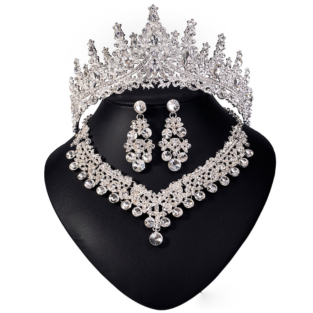 European and American Bride Jewelry Three-piece Suit High-class Dance Wedding Jewelry Alloy Diamond Crown Necklace Earrings suit