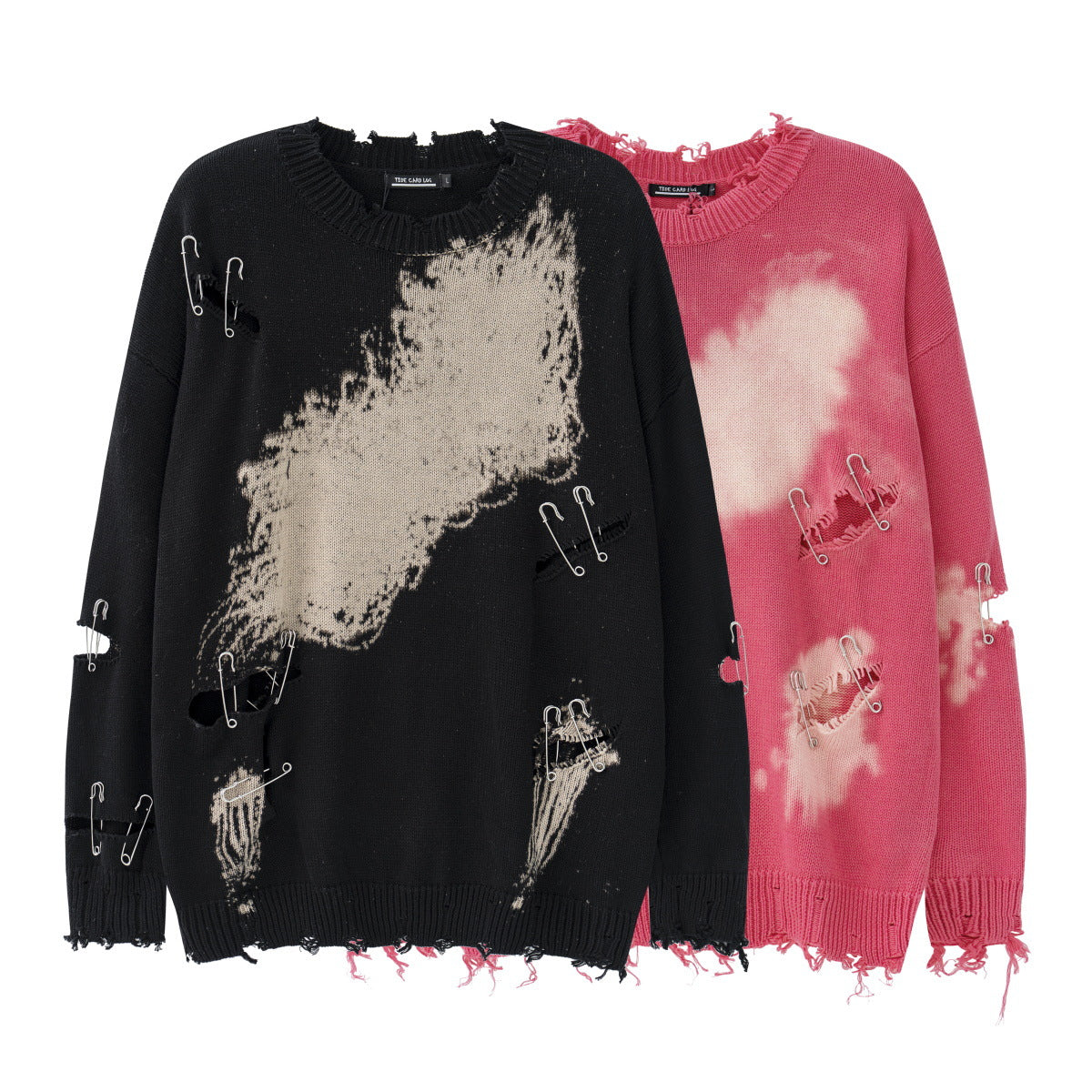 TIDE CARD LOG | Autumn and winter high street fashionable design faded pin ripped couple round neck loose sweater