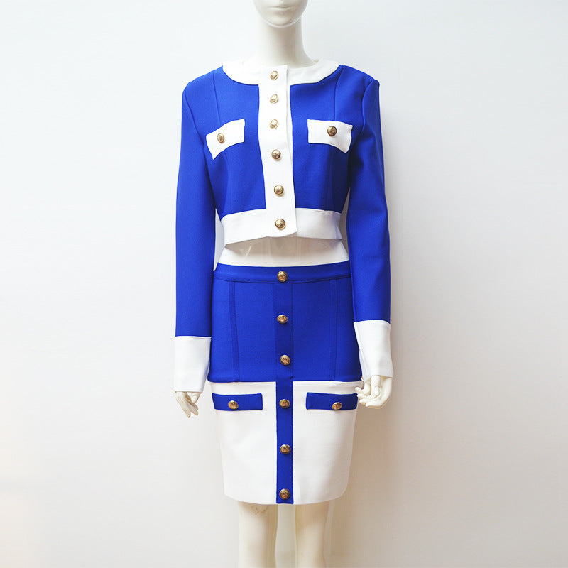 Cross-border 2020 Europe and the United States new temperament black and white color matching breasted cardigan A- line skirt suit factory wholesale 4 colors