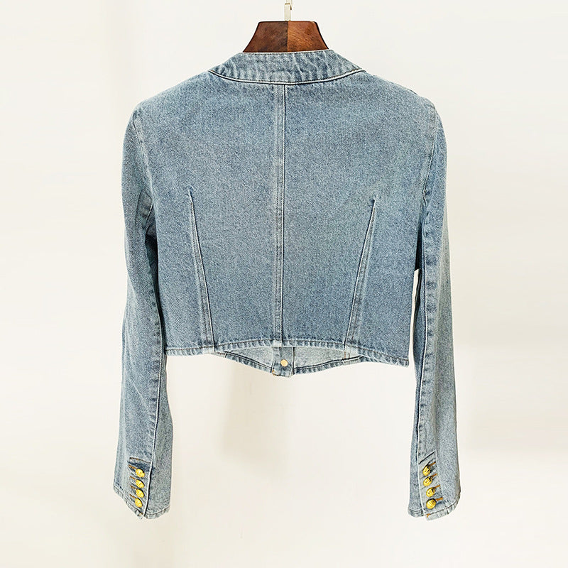 In Stock 2026 European and American Celebrity Style New Round-Neck Lion Buckle Ultra-Short Washed Denim Jacket