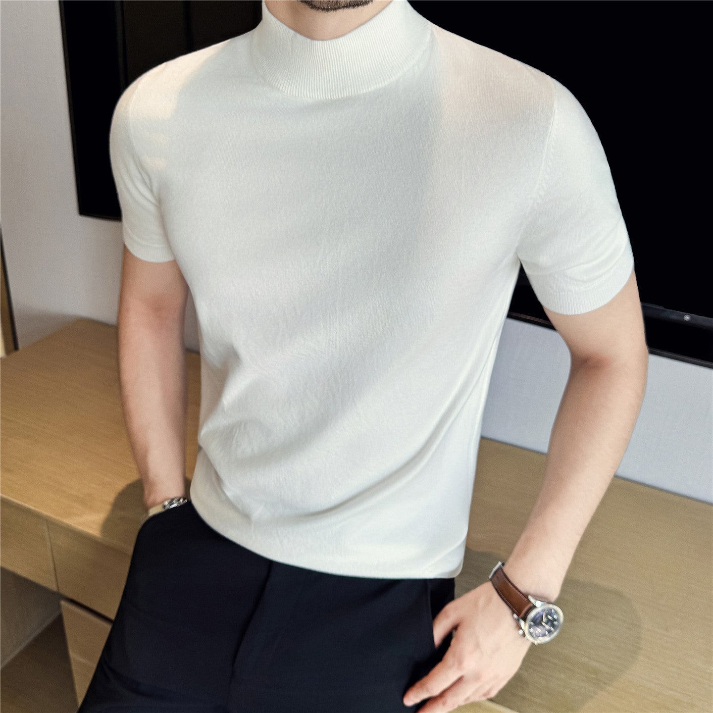 Tiktok Taobao Dropshipping Men's Short-Sleeve Knitwear, Fashionable Versatile Half-Turtleneck Slim-Fit Half-Sleeve Sweater Base Shirt