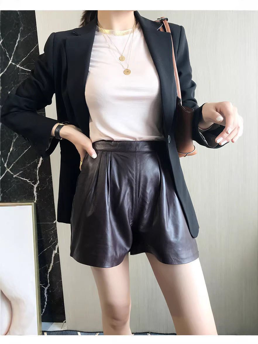 Cool Lambskin Straight-Leg Shorts in Dark Burgundy Sheepskin with Semi-Elastic Waist, Pleated Pockets, Casual Genuine Sheepskin Boot Shorts