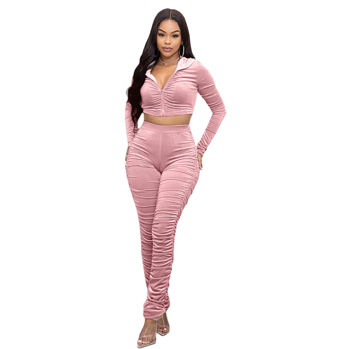 F185 European and American Women's Clothing Amazon Spring Two-piece Korean Velvet Solid Color Long Sleeve Navel Pleated Sports Suit