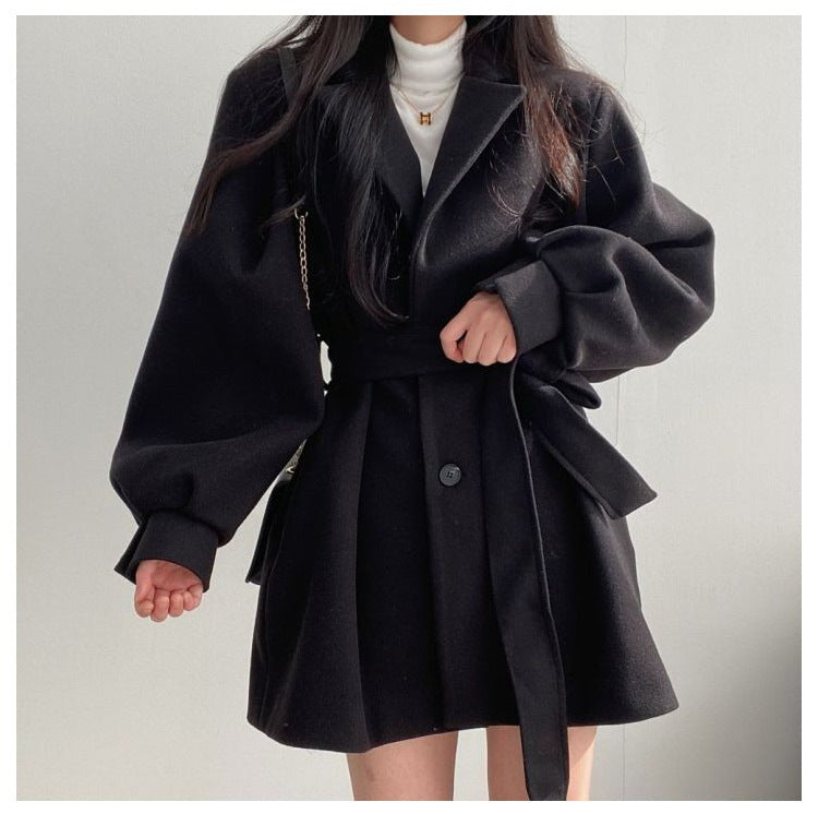 New Korean Style Autumn and Winter Wear Strap Elegant Small Women's Dress Collar Hepburn Style Mid-length Woolen Women's Coat Jacket