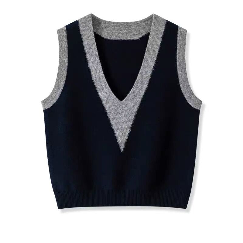 Woolen sweater knitted vest for women 2023 Autumn New sleeveless stacked color matching V-neck wool warm vest waistcoat